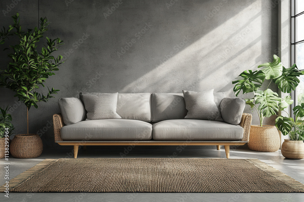 Comfortable sofa with cushions against grey wall. White modern sofa and big plants near window. Stylish interior design. Generated AI Comfortable sofa with cushions against grey wall. White modern sofa and big plants near window. Stylish interior design. Generated AI