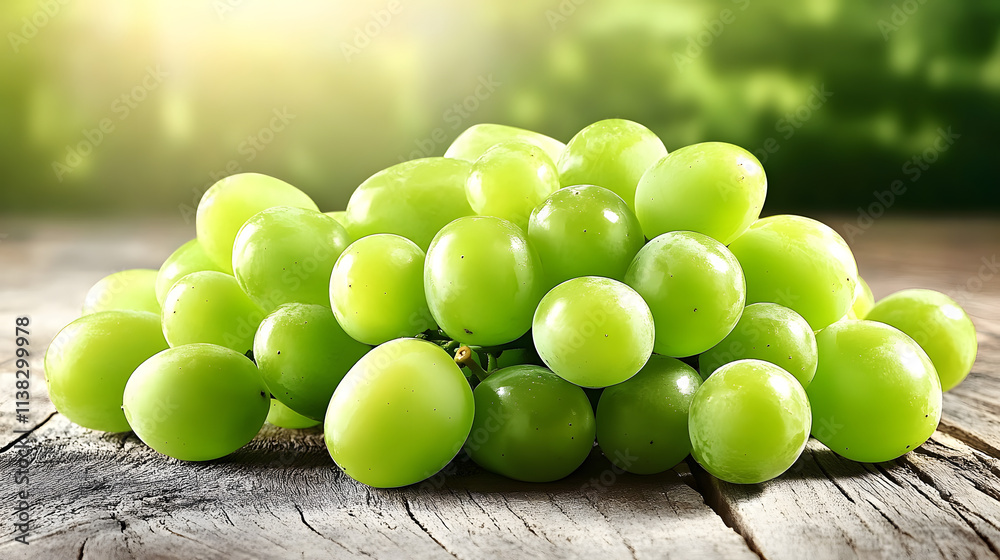 Fresh green grapes arranged on a wooden surface, illuminated by soft sunlight, highlighting their vibrant color and natural appeal Fresh green grapes arranged on a wooden surface, illuminated by soft sunlight, highlighting their vibrant color and natural appeal