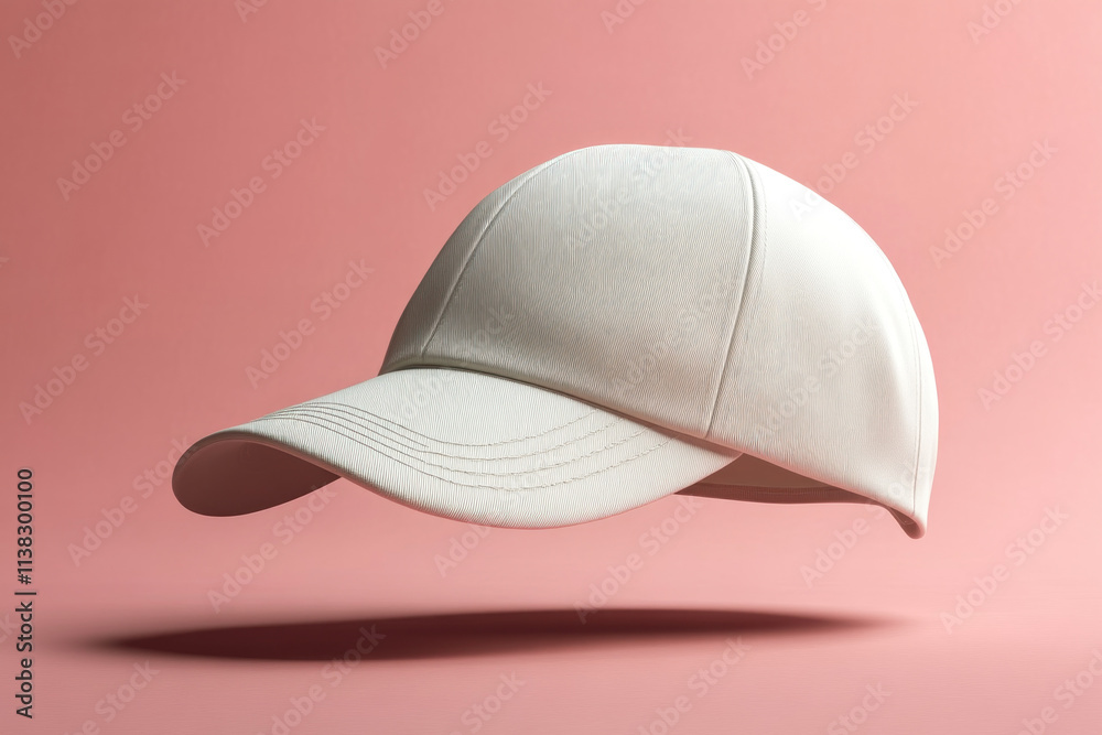 White baseball cap floating on pink background. White baseball cap floating on pink background.