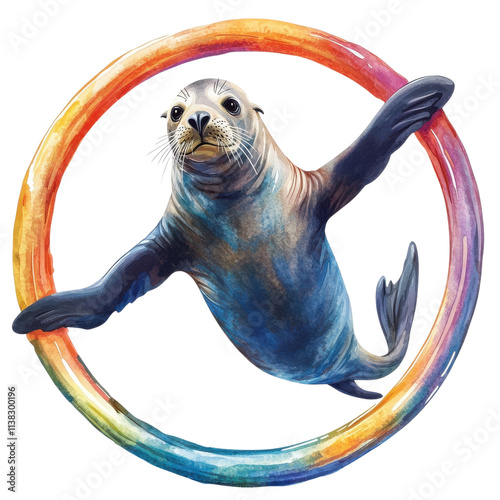A playful seal jumping through a colorful ring, showcasing its acrobatic skills against a white background.