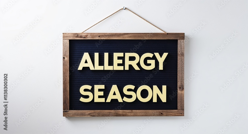 allergy season lettering on hanging sign board on plain white background allergy season lettering on hanging sign board on plain white background