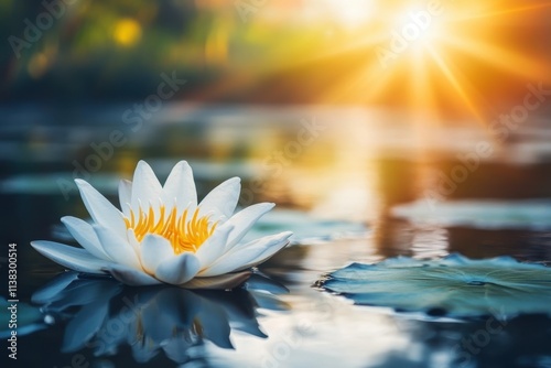 Serene White Water Lily Blooming in a Tranquil Pond Surrounded by Green Leaves with a Glowing Sunrise Offering a Peaceful Natural Scene