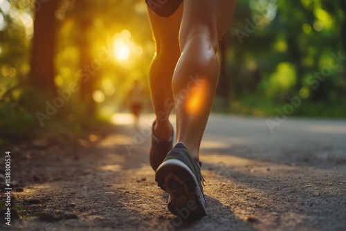 Running in nature at sunrise outdoor activity forest path healthy lifestyle dynamic viewpoint fitness journey