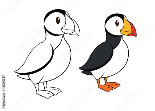 A coloring page featuring an Atlantic puffin, with its colorful beak, black and white feathers, and distinctive orange legs, perched on rocky coastal cliffs by the sea.