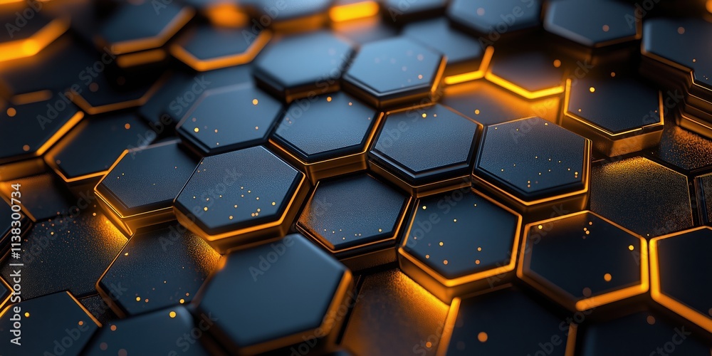 Dynamic futuristic geometric pattern with luxurious hexagonal shapes illuminated by warm orange glow Dynamic futuristic geometric pattern with luxurious hexagonal shapes illuminated by warm orange glow