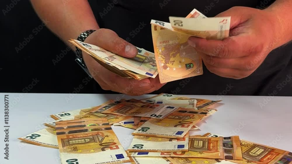 A person carefully counts and sorts Euro banknotes on a table, organizing the currency into denominations for better management of cash flow and financial tasks.