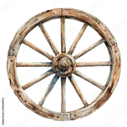 A rustic wooden wagon wheel showcasing intricate craftsmanship, isolated on a white background for clarity and emphasis.