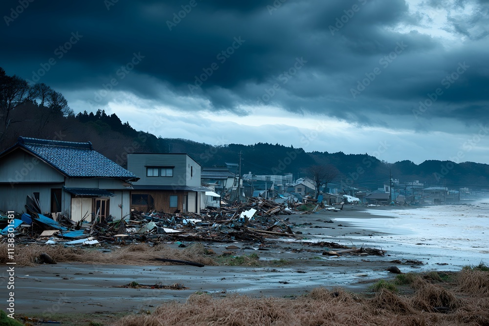 natural disaster, tsunami aftermath, flooded village, stormy sky, floodwaters, destroyed houses, debris in water, extreme weather, bad weather, catastrophic flooding in a devastated landscape