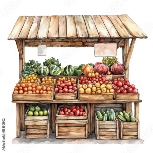 A vibrant, hand-painted fruit and vegetable stall showcasing an assortment of fresh produce in wooden crates against a white background.