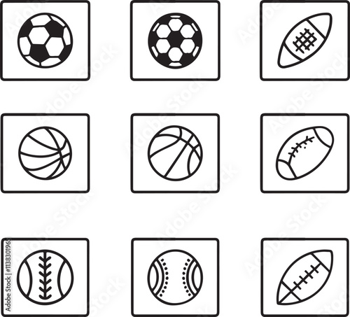 A set of nine sports ball icons