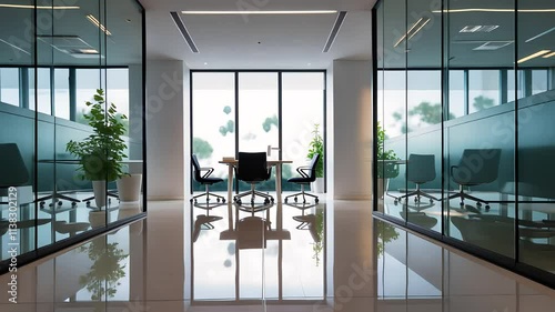 Modern Office Conference Room with Glass Walls, Minimalist Furniture, and Natural Light

 photo