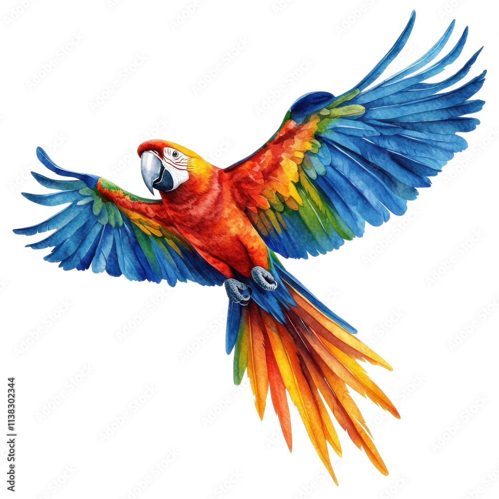 Fototapeta premium A vibrant macaw in flight, showcasing brilliant blue, red, and yellow feathers against a white isolated background.