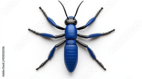 Blue Ant: A stylized, blue ant with black legs and head, isolated on a white background. The ant is in a pose that suggests movement and energy, with its legs spread out. photo