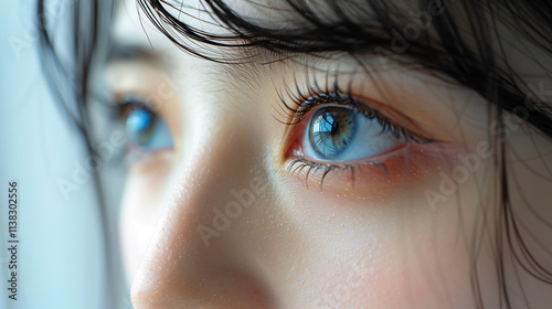 Close-up gray eye Japanese korean chinese asian woman, beauty salon treatment, 2d volume, classical lashes, brows lamination