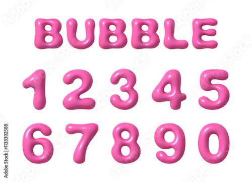 Glossy English alphabet letters and numbers. Vector isolated bubble balloon font. Realistic inflatable ABC and numerals for birthday party decoration. Playful typeface with trendy volume
