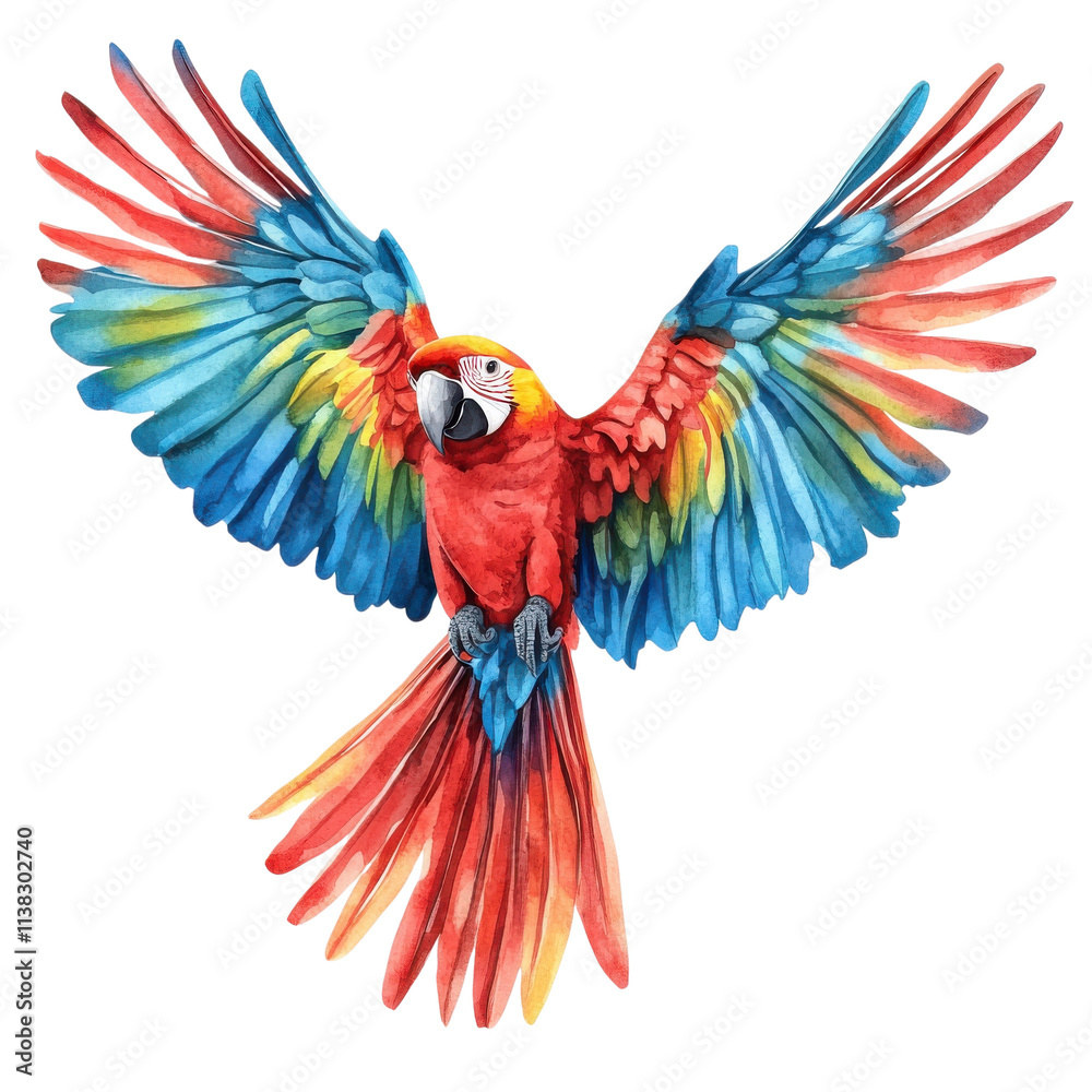 Fototapeta premium A vibrant, colorful parrot with outstretched wings, showcasing stunning red, blue, and yellow feathers. Perfect for wildlife enthusiast themes.