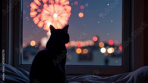 Wallpaper Mural A cat looking out the window at the fireworks in the night sky Torontodigital.ca