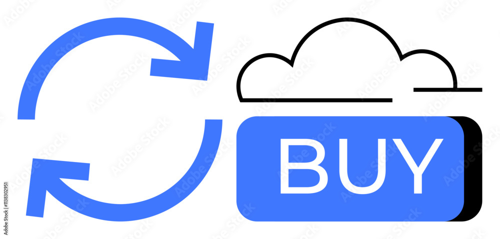 Blue circular arrows indicating updates or sync next to a Buy button with a cloud outline. Ideal for e-commerce, technology, cloud computing, online purchases, software updates, digital marketing
