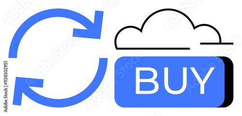 Blue circular arrows indicating updates or sync next to a Buy button with a cloud outline. Ideal for e-commerce, technology, cloud computing, online purchases, software updates, digital marketing