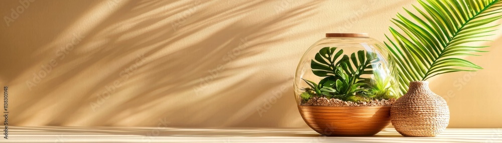 Tropical Terrarium and Palm Leaf in Sunlight Tropical Terrarium and Palm Leaf in Sunlight
