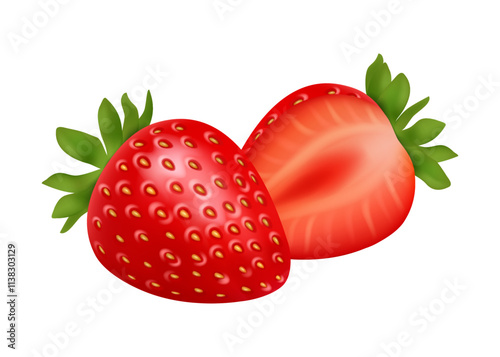 Red strawberries healthy berry summer food. Fresh ripe strawberry whole and cut in half. Vector flat cartoon natural and organic fruit product for dieting and nutrition, wet juicy food, sweet dessert