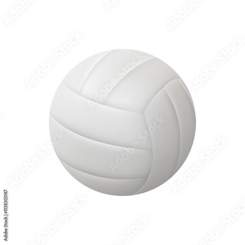 White leather volleyball ball on white, 3D illustration. Vector volley ball vinyl sphere, sport equipment. Sports and leisure activities, hobby and training, entertainment. Vector in flat style