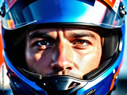 Close-up of a race car driver wearing a helmet during an intense motorsport event on a sunny day