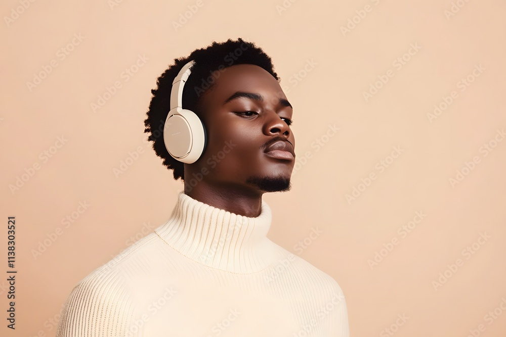 Obraz premium young man, stylish portrait, black man, confident look, side profile, wearing headphones, modern headphones, beige background, calm expression, audio listening in a cozy sweater