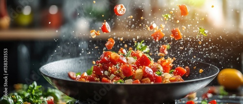 Fresh vegetables tossed in a wok, mid-air, cooking action shot. photo