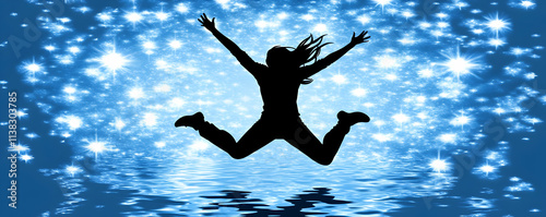 Silhouette of a Joyful Leaper Against a Sparkling Blue Abstract Background photo