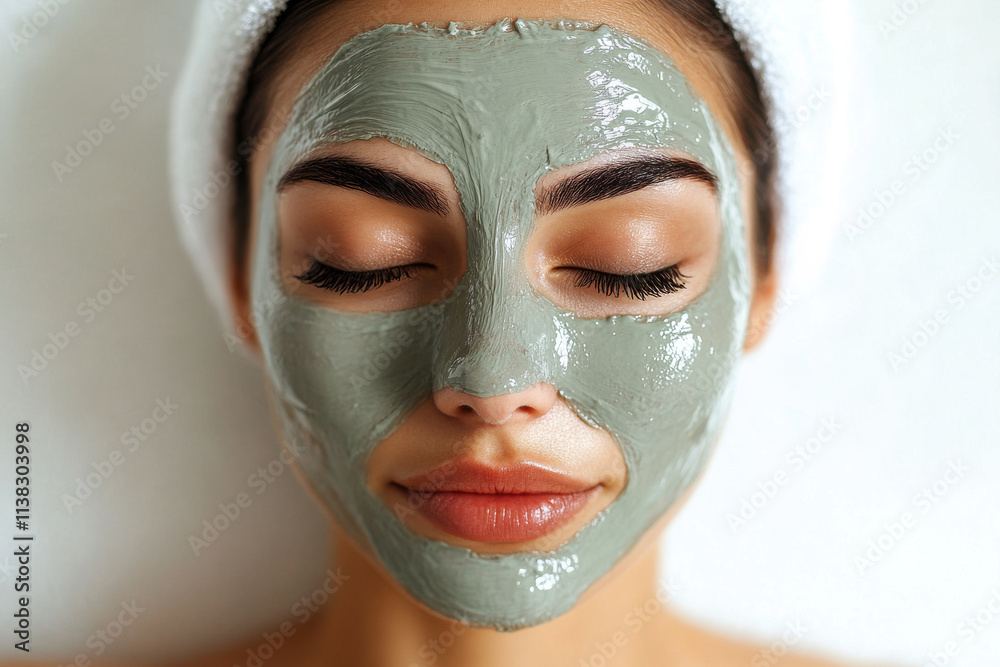Woman applying facial mask on light background. Portrait of girl with cosmetic mask on white background. Face care. Dermatology concept. Generated AI Woman applying facial mask on light background. Portrait of girl with cosmetic mask on white background. Face care. Dermatology concept. Generated AI