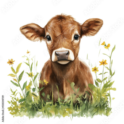 Cute calf surrounded by wildflowers, showcasing a serene moment in nature, perfect for animal lovers and farm-themed projects.