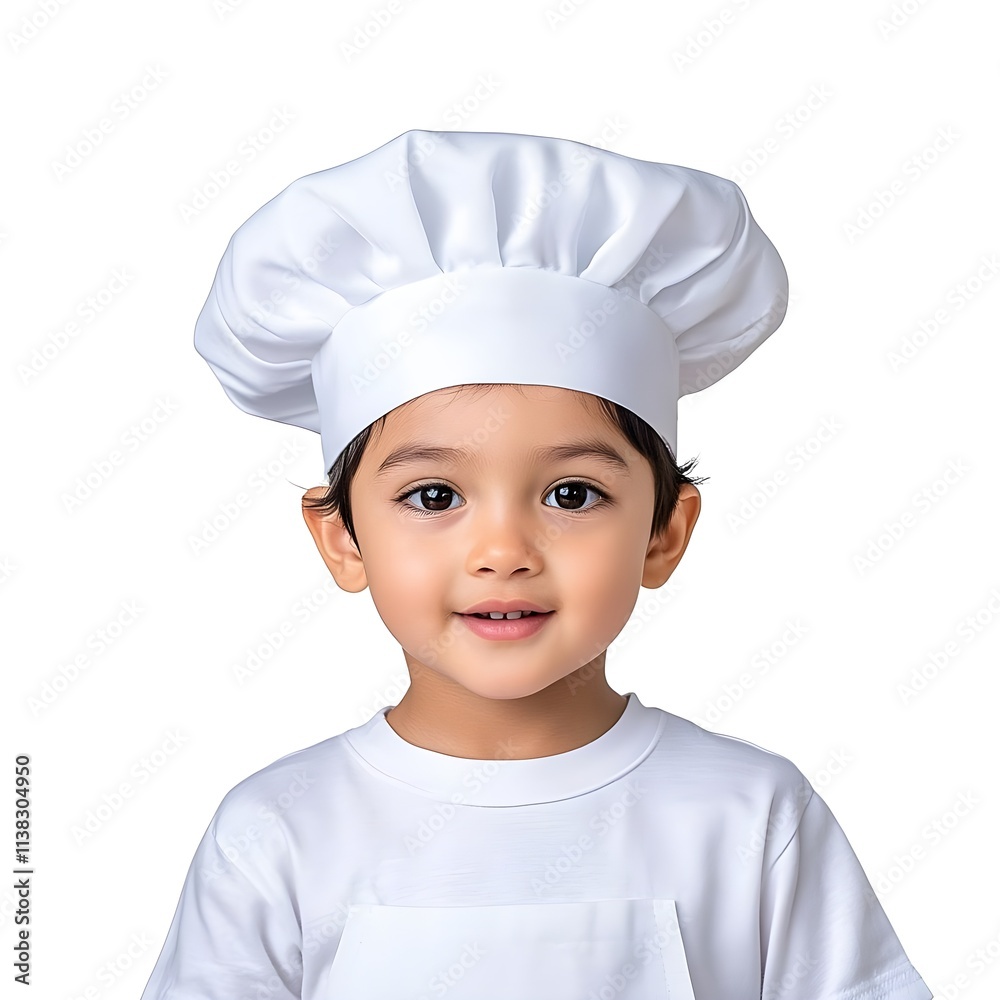 Young Child Wearing Chef Hat and Smiling Cheerfully in Bright Kitchen Setting, Excited to Cook and Learn About Food, Capturing Childhood Joy and Culinary Aspirations