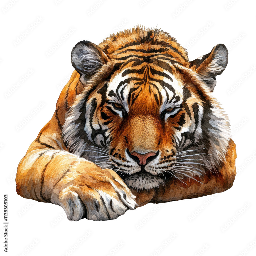 Fototapeta premium Realistic depiction of a resting tiger with distinctive stripes and expressive features, showcasing its majestic and powerful nature.