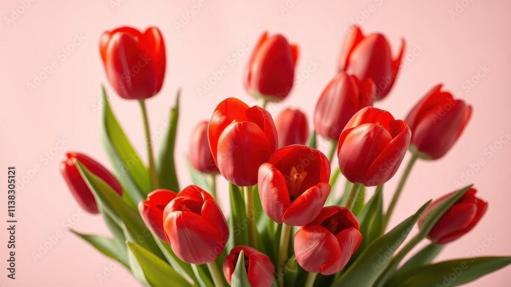 A vibrant bouquet of red tulips with delicate green leaves, capturing the beauty of springtime blossoms against a soft pink background. A vibrant bouquet of red tulips with delicate green leaves, capturing the beauty of springtime blossoms against a soft pink background.