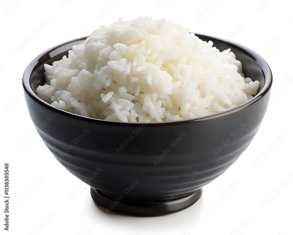 Freshly Steamed White Rice in a Black Bowl – Culinary Presentation Isolated on White Background (PNG). Freshly Steamed White Rice in a Black Bowl – Culinary Presentation Isolated on White Background (PNG).