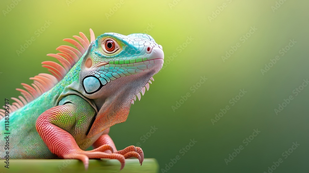 A vibrant iguana resting with a blurred green background.