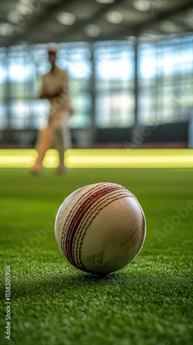 A cricket ball on grass with a player blurred in the background, emphasizing sports action.