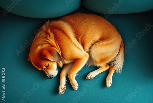 A playful dog is curling up comfortably on a soft couch, stretching out and loosening its body while enjoying a sunny afternoon at home photo