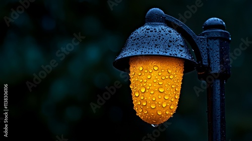 A Single Light in the Rain: A lone streetlamp, glowing warmly through the droplets of a recent downpour, casts a soft, golden light against a backdrop of deep, shadowy green.