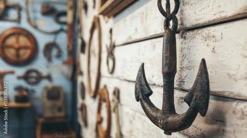 An old grapnel hanging on the wall of a maritime museum, displayed alongside other nautical artifacts
