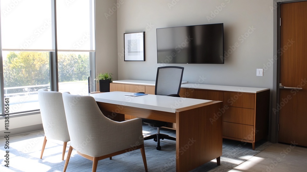 Sleek and Sophisticated Corporate Office Workspace with Ergonomic Furniture and Digital Tools Sleek and Sophisticated Corporate Office Workspace with Ergonomic Furniture and Digital Tools