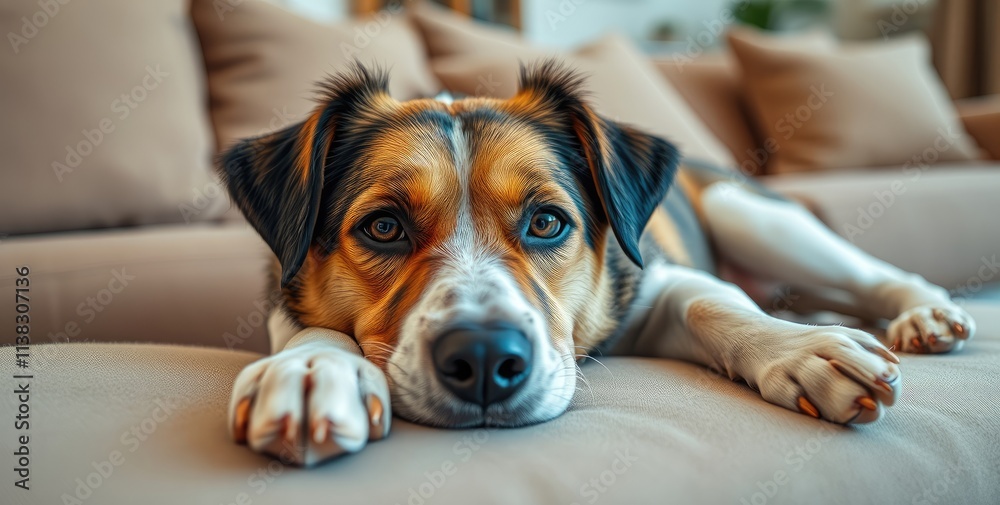 Obraz premium A cheerful dog is stretching out and relaxing on a plush sofa, enjoying a tranquil afternoon in a sunlit living room filled with warmth and comfort