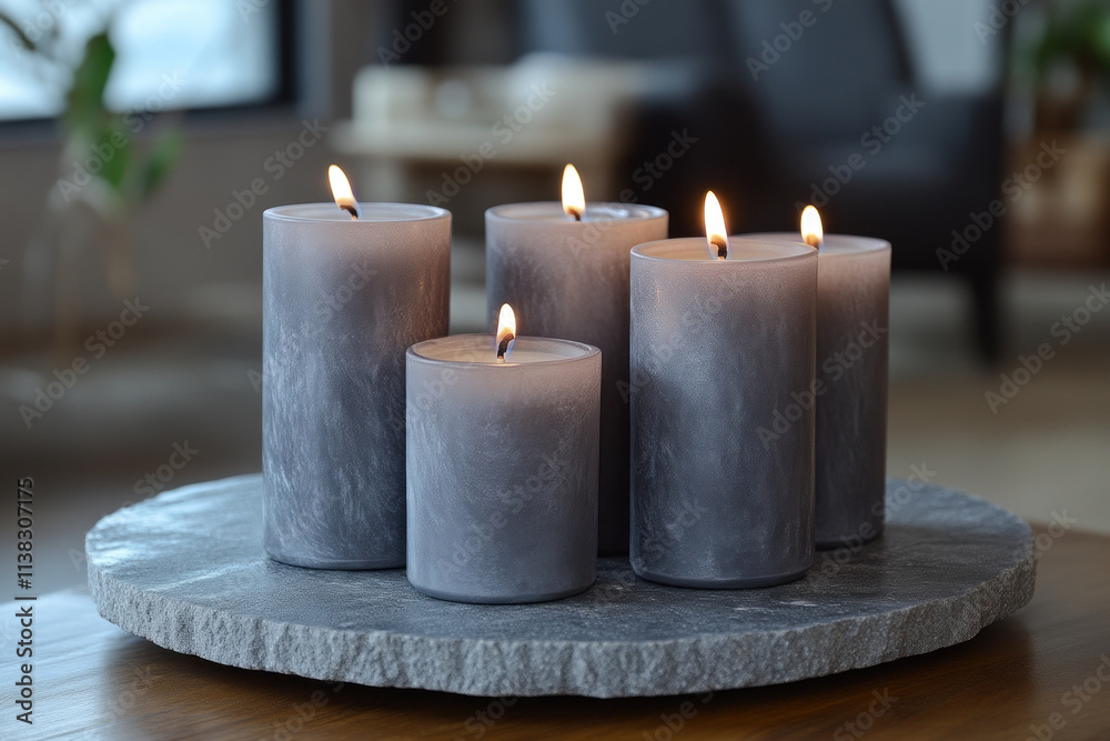 Six gray lit candles on a round stone tray.