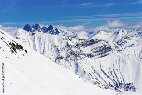 Landscape of snowy mountains, mountain range haze winter