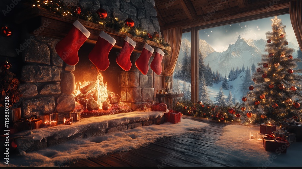 Cozy Christmas setting with a warm fireplace, decorated stockings, and a beautifully adorned tree in a mountain cabin Cozy Christmas setting with a warm fireplace, decorated stockings, and a beautifully adorned tree in a mountain cabin