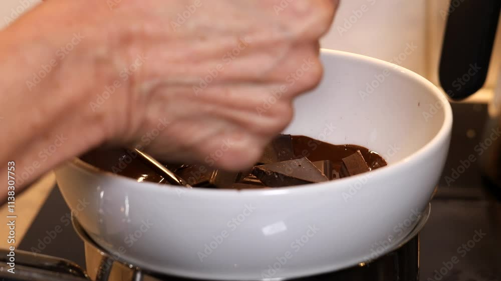 Stockholm, Sweden Chocolate melts over a steam bath on the stove for baking. 