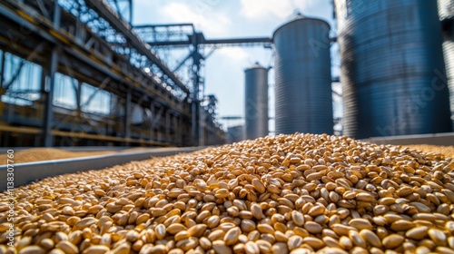 A close-up of golden grains being stored in a modern steel granary with silos in the background