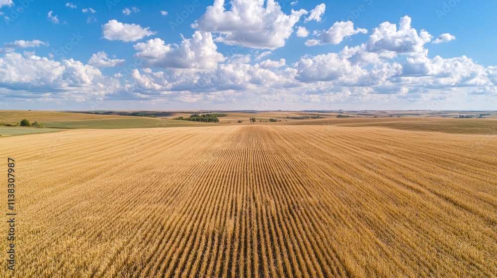 A drone view of a sprawling grainfield with geometric patterns of harvest-ready crops A drone view of a sprawling grainfield with geometric patterns of harvest-ready crops