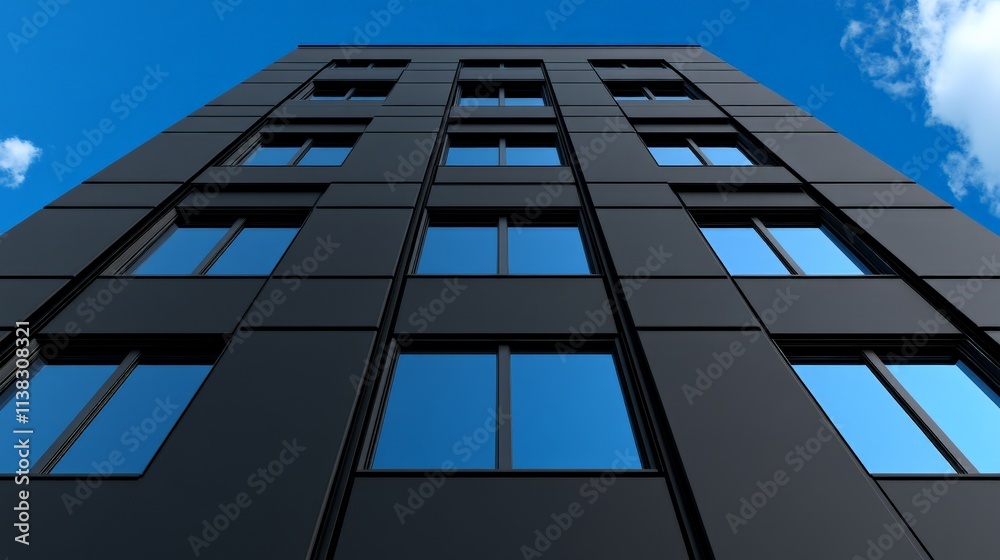 Modern Black Office Building: A low-angle perspective showcases a sleek, modern black office building against a vibrant blue sky. The architectural design is striking. Modern Black Office Building: A low-angle perspective showcases a sleek, modern black office building against a vibrant blue sky. The architectural design is striking.